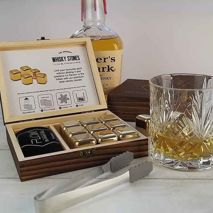 FLOW Barware Gold Whisky-Steine, Geschenk-Set mit Eiszange und Aufbewahrungstasche, Wiederverwendbar