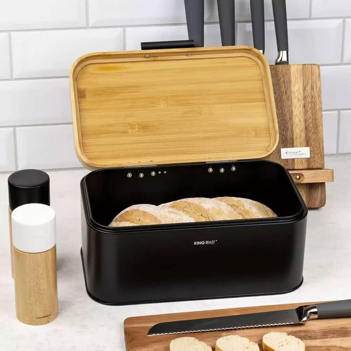 KING HOFF Stahl Brotbox Brotkasten mit Bambusdeckel Schwarz, Schwarz