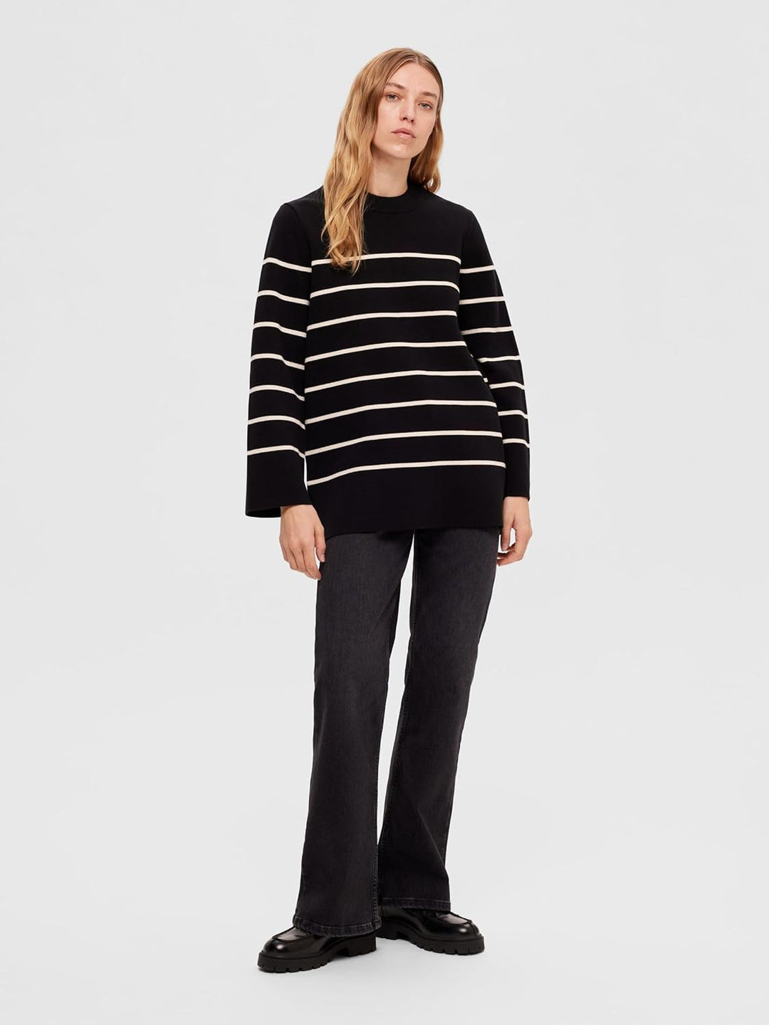 Selected Femme Female Strickpullover Oversize S Black/Stripes:birch, S Black/Stripes:birch