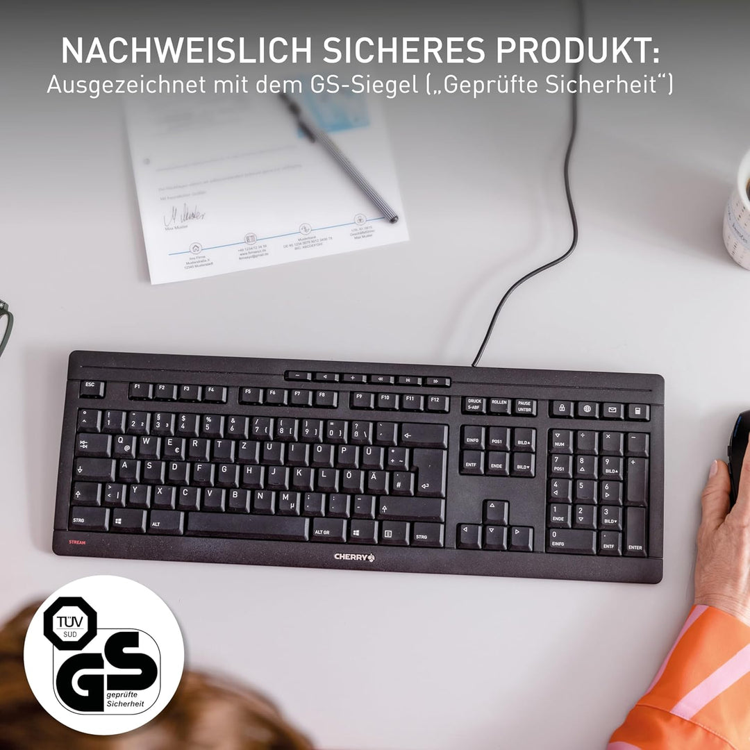 CHERRY STREAM KEYBOARD, Wired Keyboard, German Layout (QWERTZ), Whisper-Quiet Keystrokes, Unique Typ