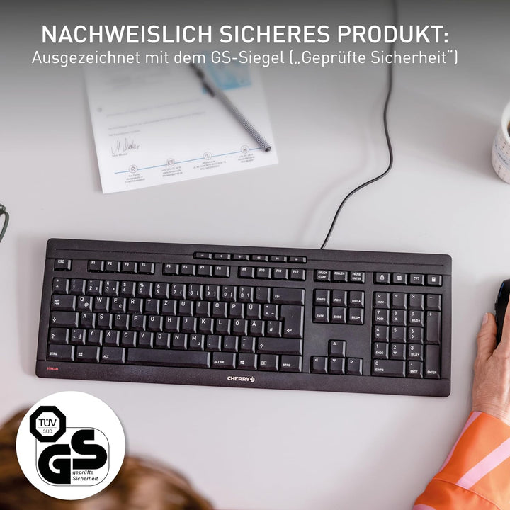 CHERRY STREAM KEYBOARD, Wired Keyboard, German Layout (QWERTZ), Whisper-Quiet Keystrokes, Unique Typ