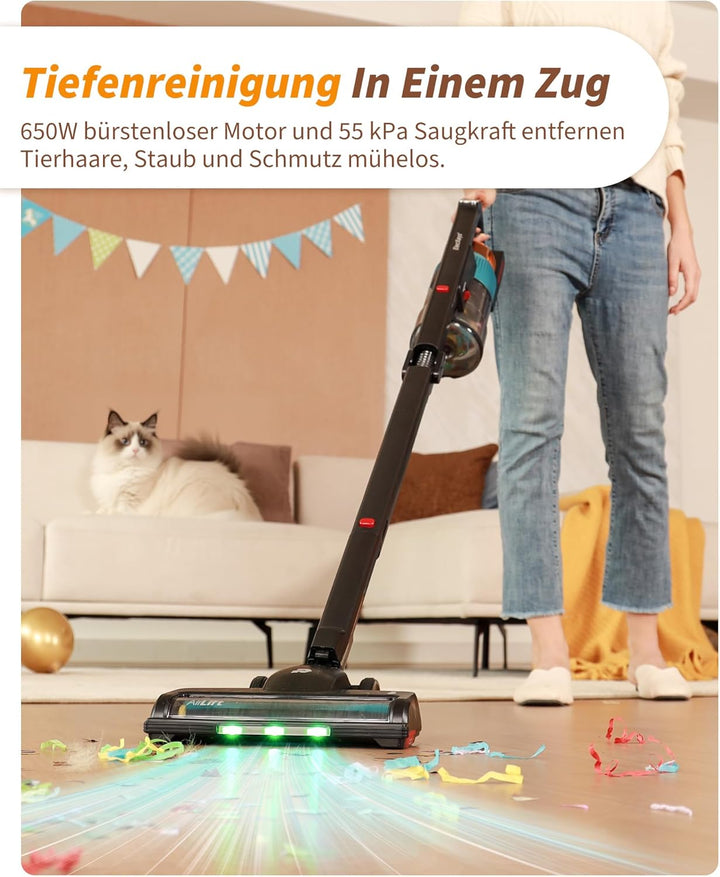 ElecKeys Akku Staubsauger 55000Pa/650W/65Min, Staubsauger Kabellos mit Lade-/Aufbewahrungsstation, F