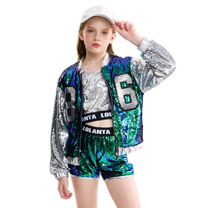 LOLANTA 4 Stück Mädchen Hip Hop Tanz Kostüm Kinder Pailletten Jazz Tanz Kleidung Set Socken angebrac
