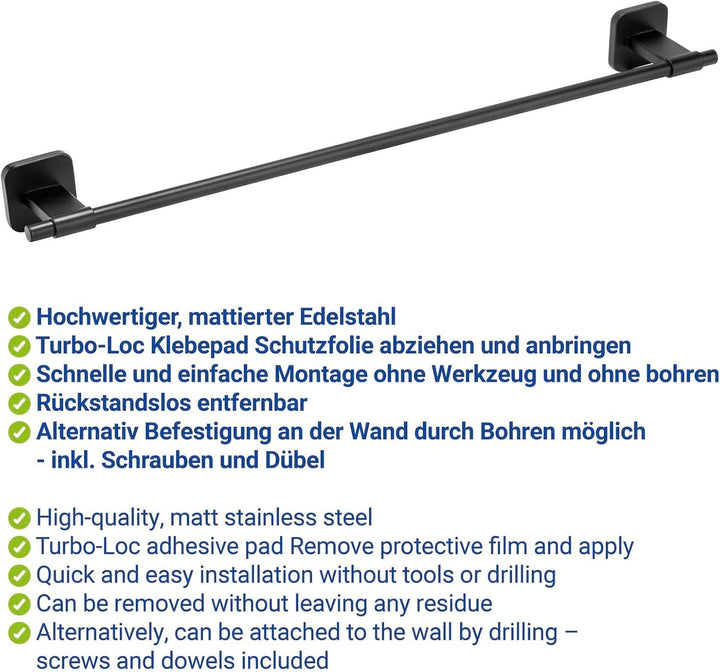 WENKO Turbo-Loc® Handtuchhalter ohne Bohren Mod. Porto Black, Wandmontage mit Klebepad, optional zum