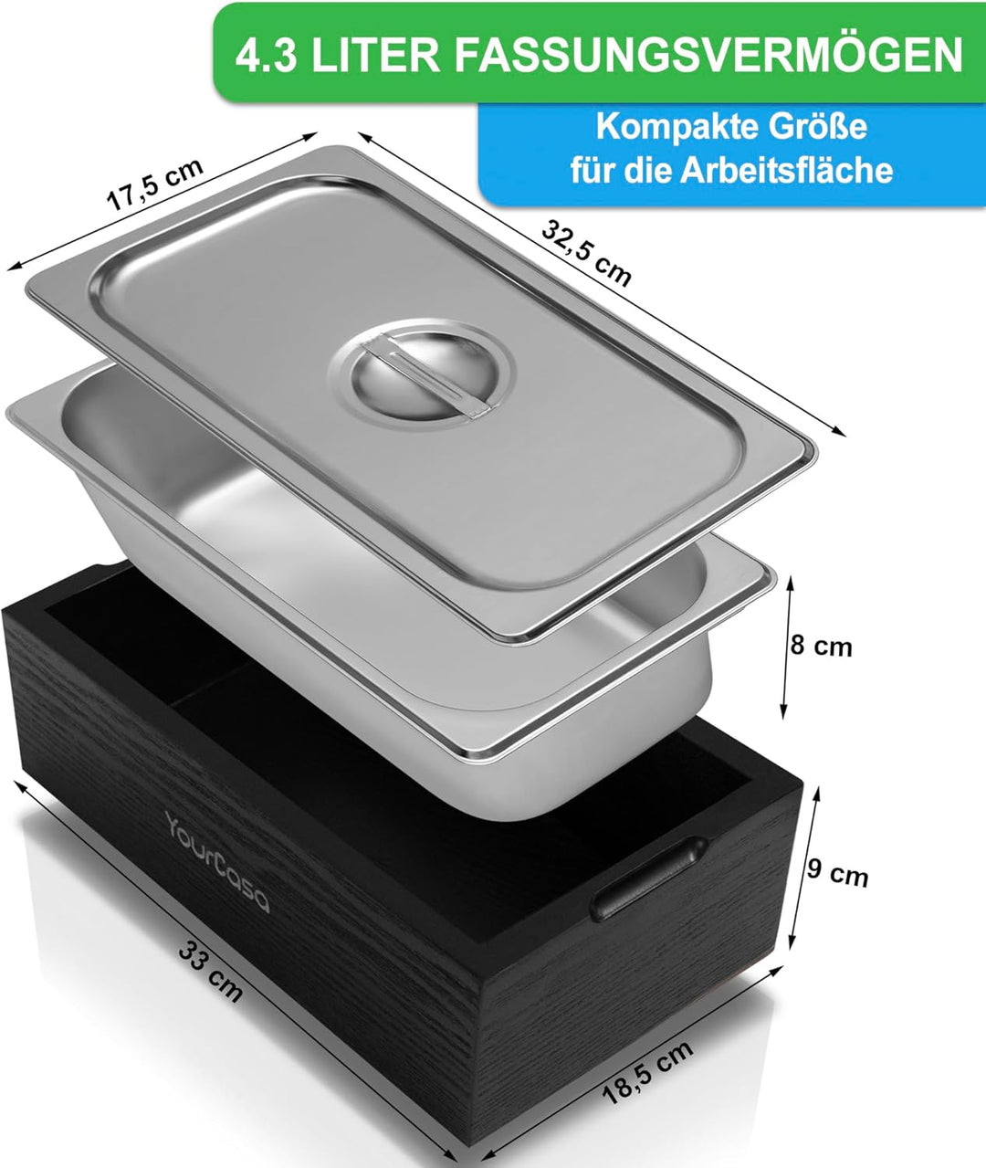 YourCasa Biomülleimer Küche 4,3 L - Komposteimer im Naturholz-Design mit Edelstahl-Einsatz & Deckel