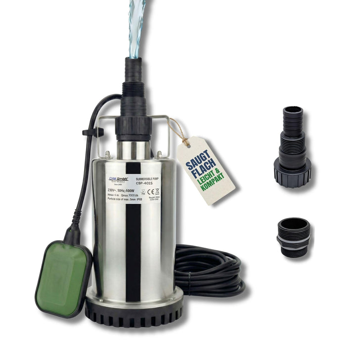 Flachsaugende Tauchpumpe Leistung 750 Watt aus hochwertigen Edelstahl INOX Abschalthöhe 5mm inkl. Sc