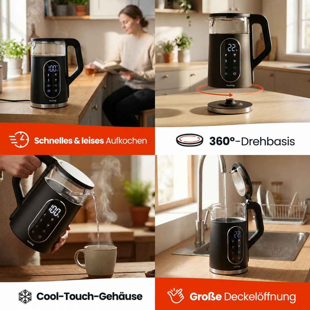 Elektrischer Wasserkocher mit Temperaturanzeige Glas 1,7L 2200W Touchpanel LED Display Warmhaltefunk