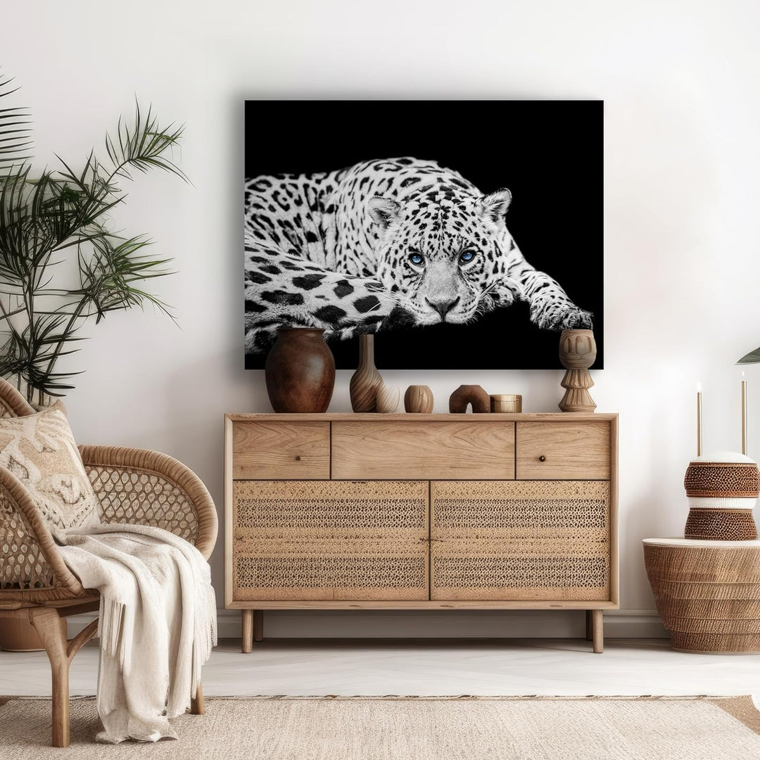 wandmotiv24 Leinwandbild Schwarz-Weiss 80x60cm, Querformat, Leopard, Deko, Bilder auf Leinwand, Wand