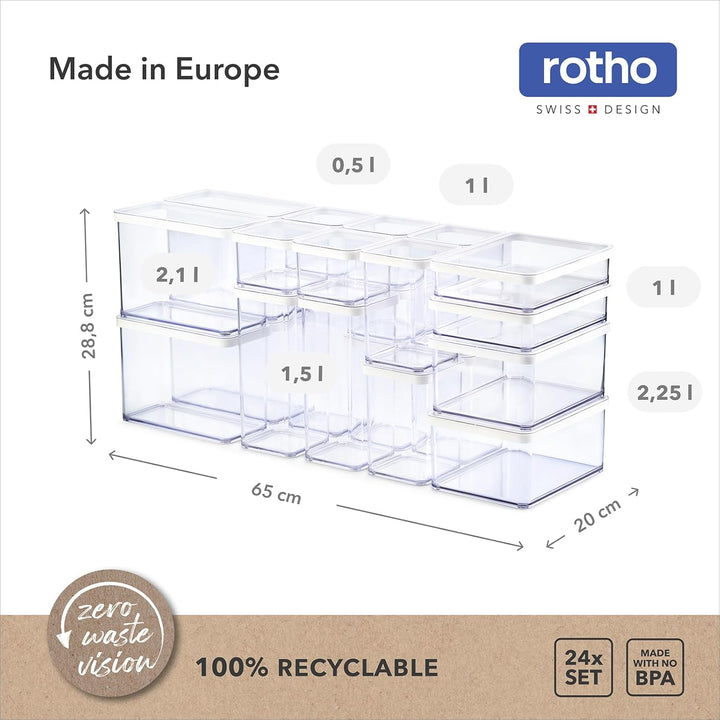 Rotho LOFT 24er-Set Vorratsdosen mit Dekel, stapelbar, aromadicht, spülmaschinenfest (Transparent/We