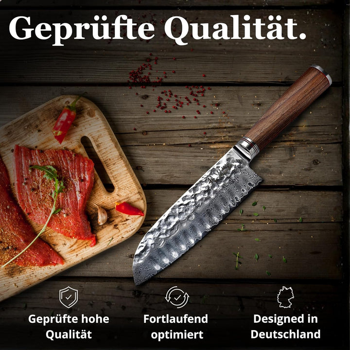 Wakoli Nussbaum Exklusives Premium Damast Santoku Messer 17,50 cm extrem scharfe Klinge I Profi Koch