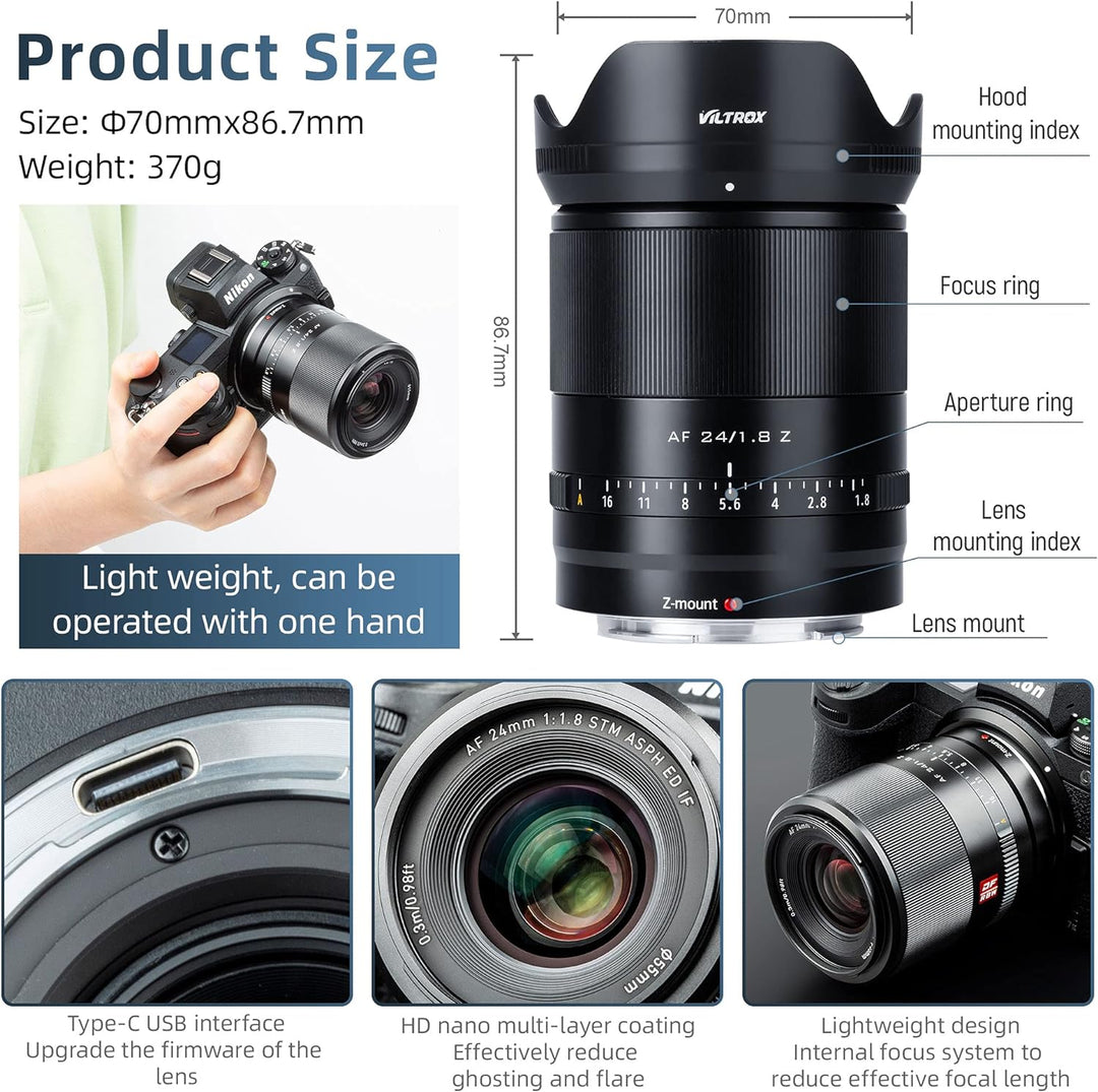 VILTROX AF 24mm F1.8 Z-Mount Weitwinkel Objektiv für Nikon Kameras Z fc Z7 II Z6 II Z5 Z6 Z7 Z50 (Vo