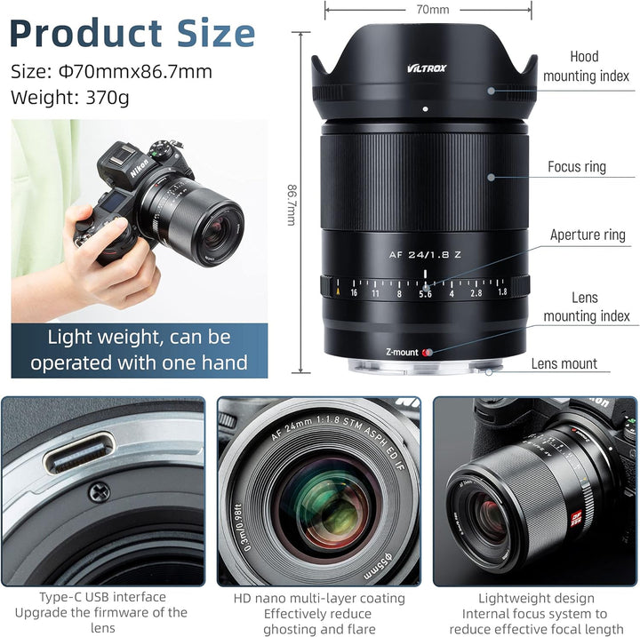 VILTROX AF 24mm F1.8 Z-Mount Weitwinkel Objektiv für Nikon Kameras Z fc Z7 II Z6 II Z5 Z6 Z7 Z50 (Vo