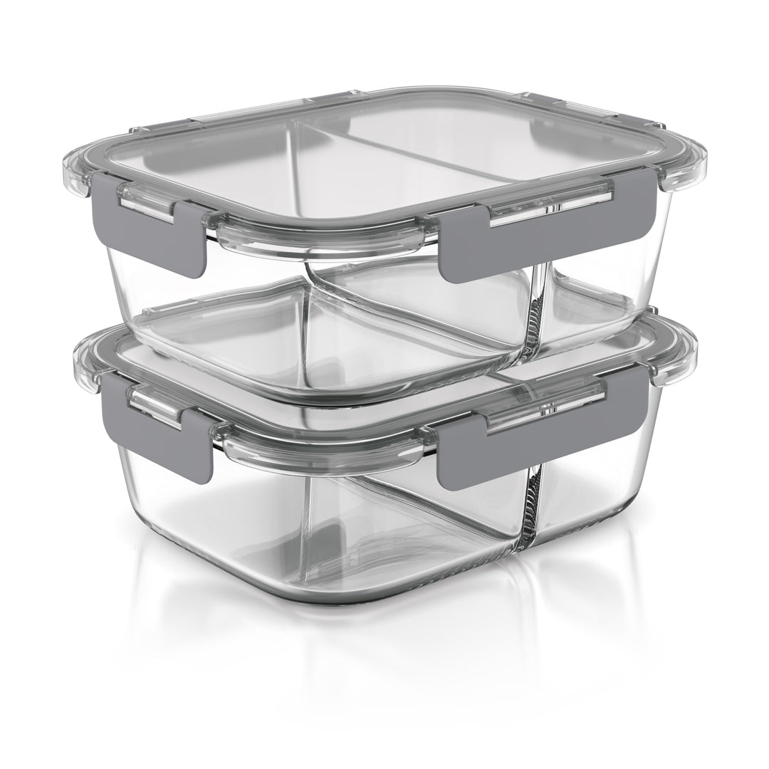 Arendo - Lunchboxen Glas - 2 Fächer - Frischhaltedosen für Lebensmittel mit Deckel luftdicht - 2er S