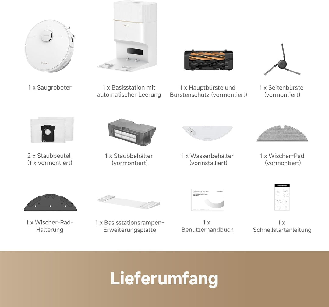 dreame D20 Pro Plus Saugroboter, 13.000 Pa Saugkraft, DuoBrush für Tierhaare, Eckenrein, Selbstentl,