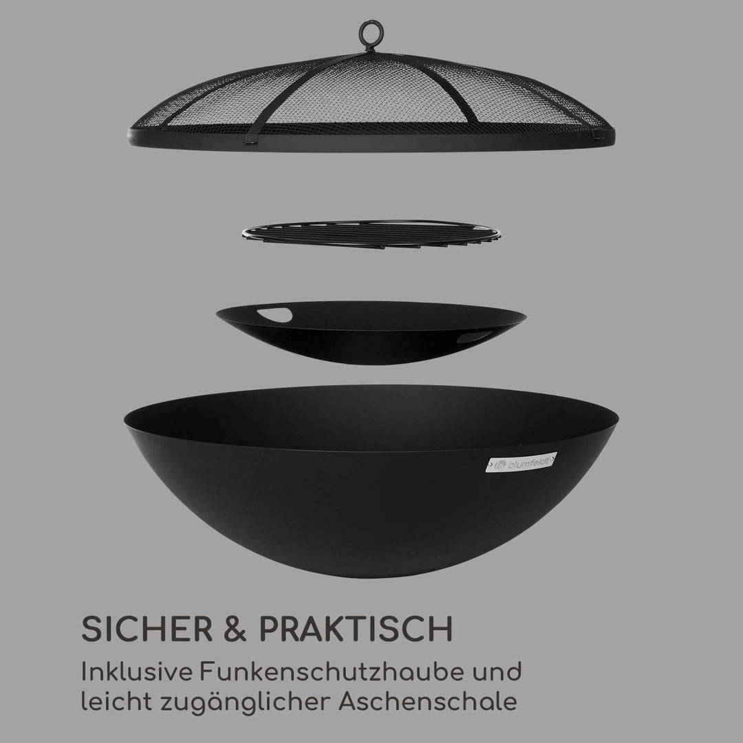Blumfeldt Orbit - 3-in-1 Stahl-Feuerschale: Feuerstelle, Grill und Gartentisch in einem, Ø 60 cm, 4-