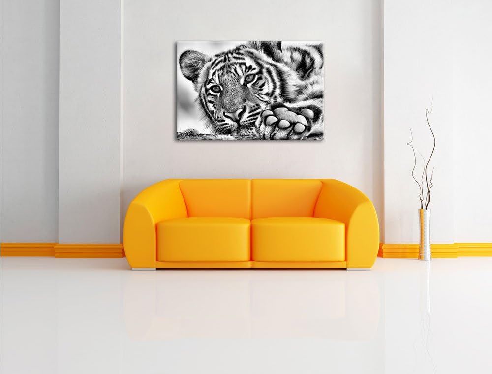 Monocrome, Tiger, Format: 100x70 auf Leinwand, XXL riesige Bilder fertig gerahmt mit Keilrahmen, Kun