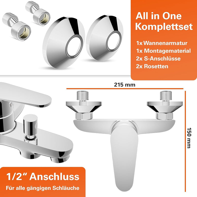 EISL Badewannenarmatur, Mischbatterie Chrom mit Brauseanschluss, Wasserhahn Badewanne mit Umsteller