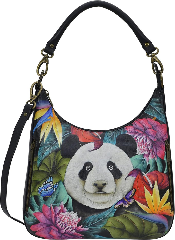 Anuschka Handbemalte Schmale Hobo Tasche, Erweiterbar, mit Crossbody Riemen Happy Panda, Dragonfly G
