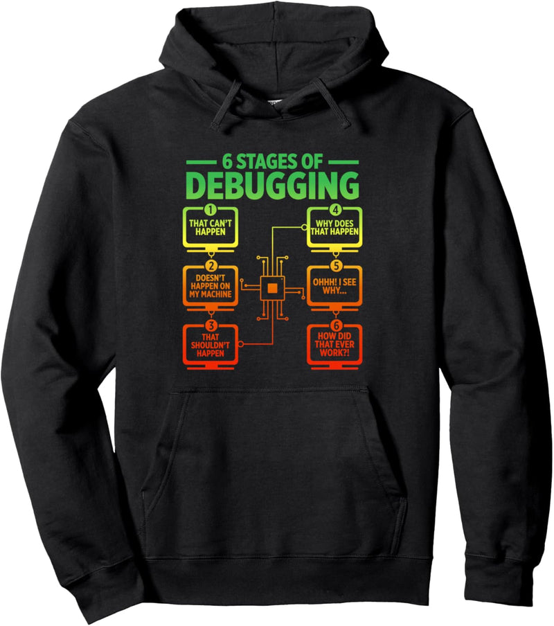 6 Phasen der Debugging lustige Programmier-Computer-Software Pullover Hoodie