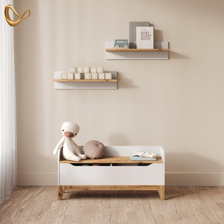 Livinity Spielzeugtruhe Mailo, Weiss/Artisan, 107.2 x 50 cm mit Sitzbank White/Artisan Oak, White/Ar