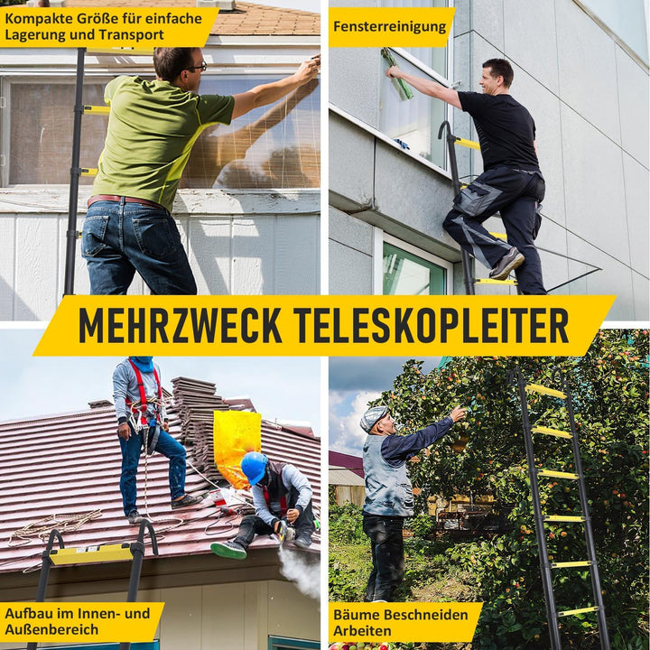 Joparri Aluminium Teleskopleiter 3.8M, Ausziehbare Leiter mit Stabilisator und Abnehmbaren Haken, Ru