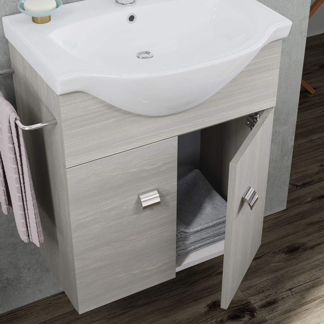 KIAMAMI VALENTINA wandmontierter badezimmerschrank 56,5cm 2a Eiche grau waschbecken Spiegel und meta