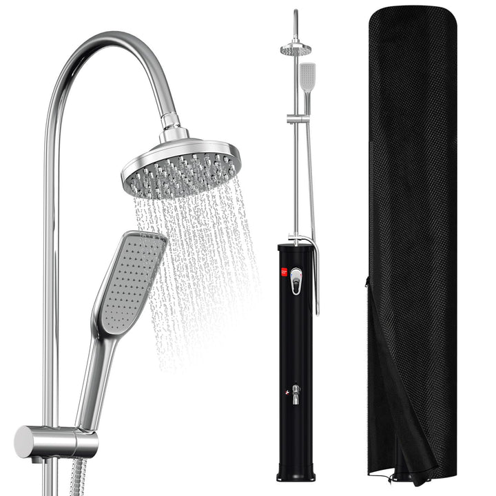 Solardusche 20 L mit Wasserhahn-Arm in halber Höhe – Platzsparende Aussendusche inkl. UV-Schutzhaube