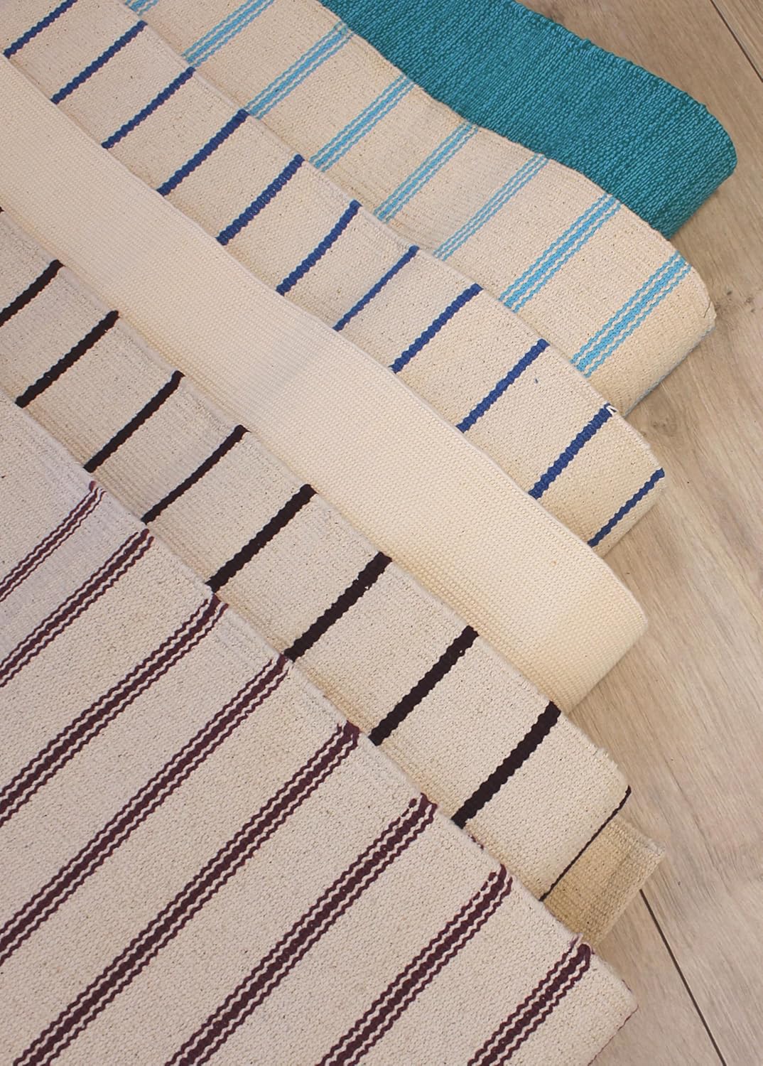 Yogateppich Yogamatte 190 x 66 cm aus Baumwolle Textil Natur Blau gestreift, Yogaunterlage gross für