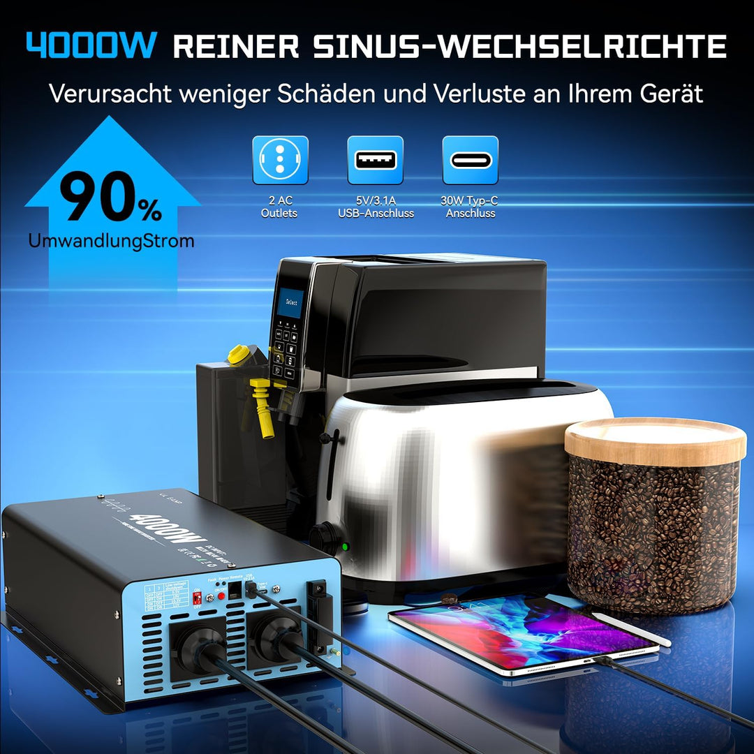 OLTEANP 4000W Wechselrichter Reiner Sinus 24V auf 230V KFZ Spannungswandler mit LCD-Bildschirm-Fernb