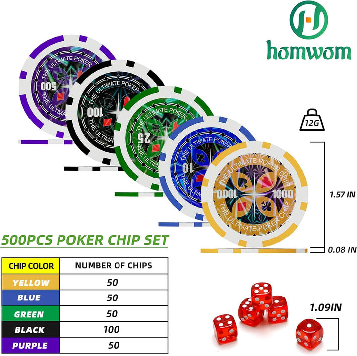 Poker-Set 300-teilig: Laserpokerchips in verschiedenen Werten und Farben, Komplettset mit 12g Zahlen