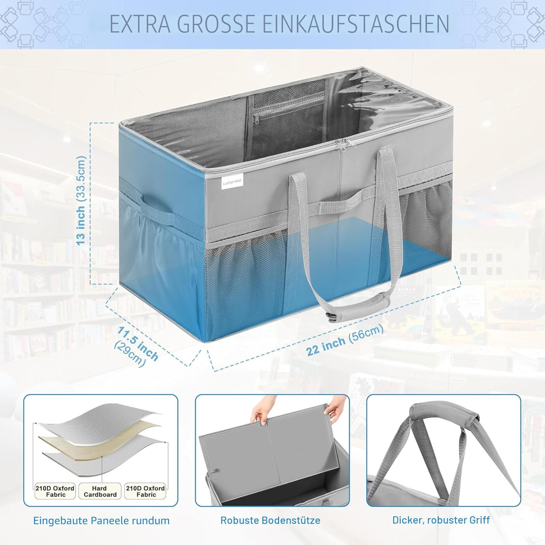 LUVHOMEE Einkaufstasche 2er Set - Stabile Tragetasche mit Deckel & Taschen, 56x29x33,5cm - Wiederver