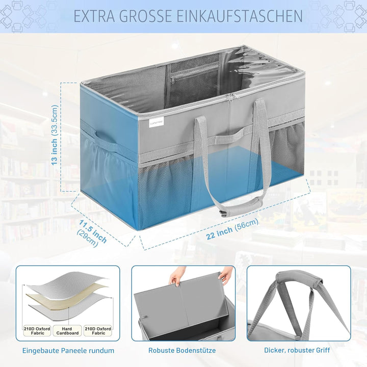 LUVHOMEE Einkaufstasche 2er Set - Stabile Tragetasche mit Deckel & Taschen, 56x29x33,5cm - Wiederver