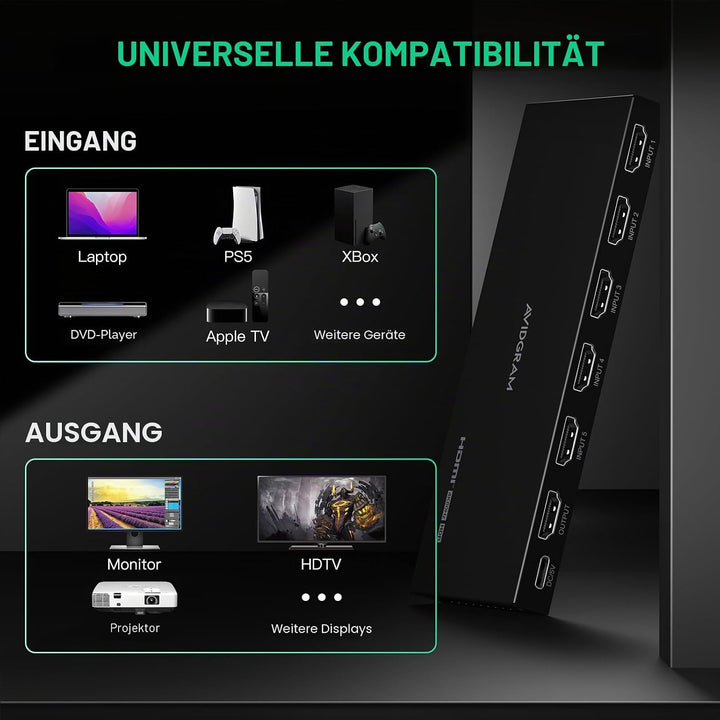 HDMI Switch 4K 60Hz, AVIDGRAM HDMI 2.0 Umschalter 5 in 1 Out, 5 Port HDMI Selector Box with IR Remot