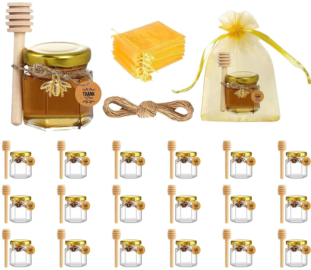 20 Pack Honiggläser, 45ml Mini Glas Honig Marmeladengläser klein mit Honiglöffel, Biene Anhänger, Ju