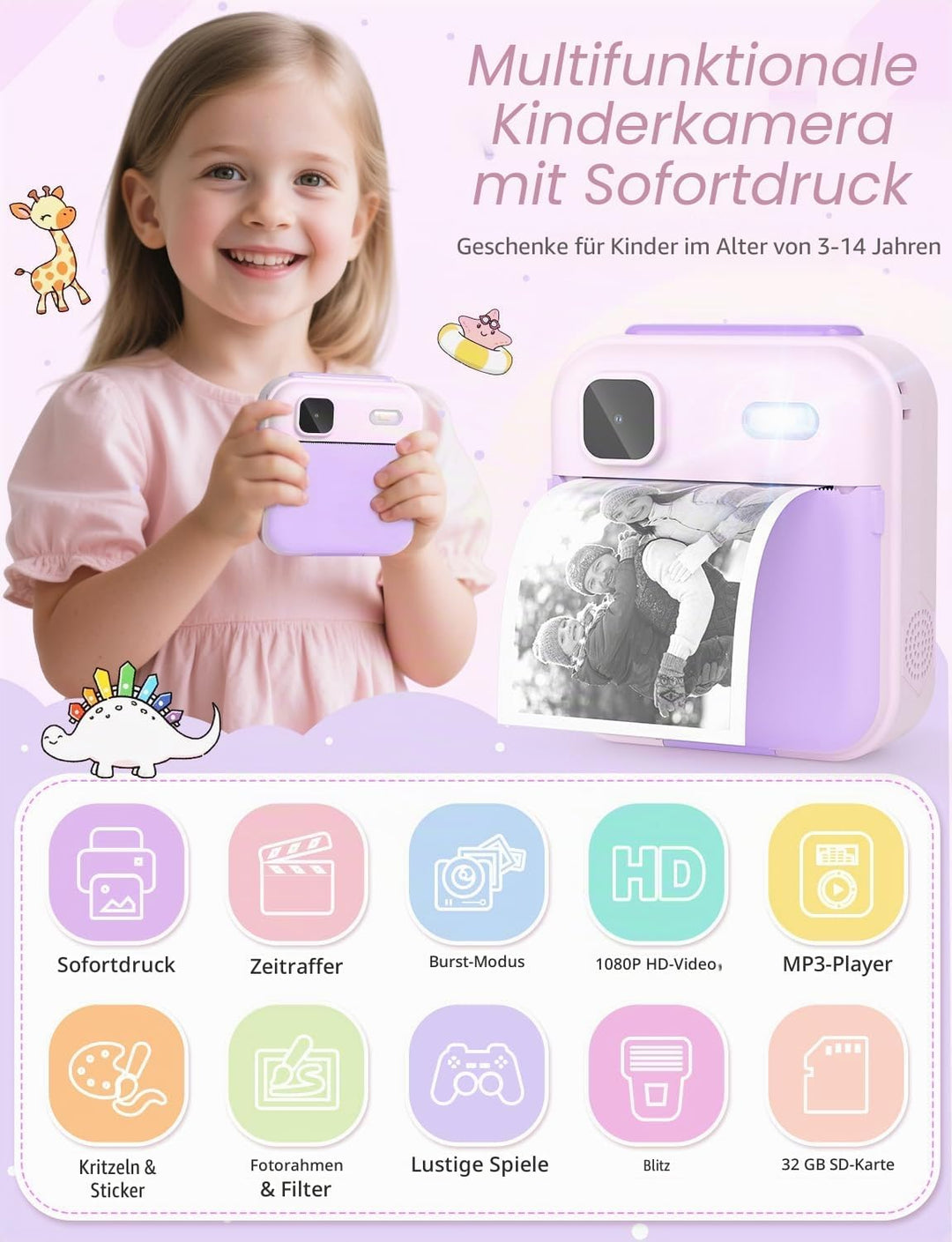 YOHOOLYO Sofortbildkamera Kinder 2,4 Zoll 1080P HD Kinderkamera mit 3 Rollen Druckpapier 32GB Karte