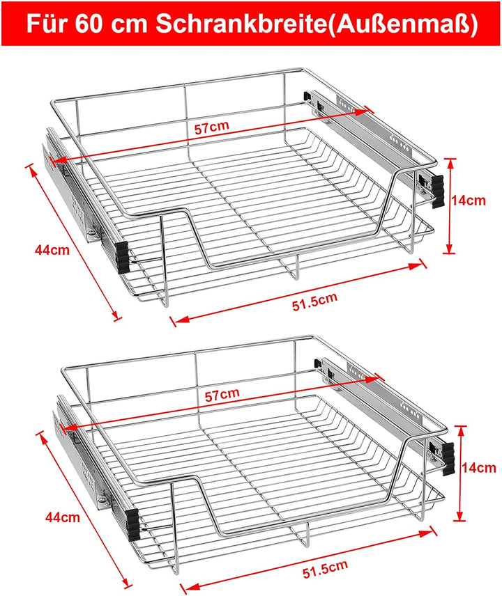 AufuN 2x Küchenschublade 60cm, Teleskopschublade Vollauszug Küchenschrank Schrankauszug Schlafzimmer