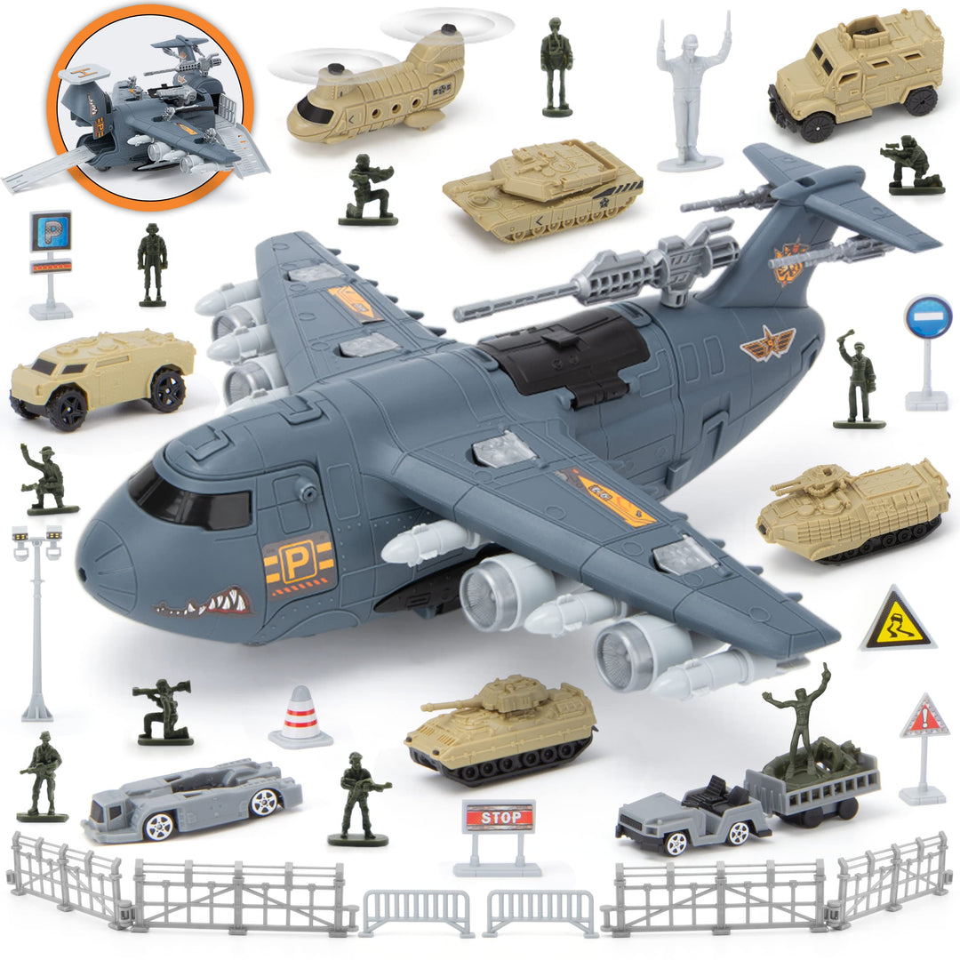 Militär Flugzeug Spielzeug, Armee Spielzeug mit 8 Fahrzeugen, Militär Figuren Trucks Hubschrauber Au