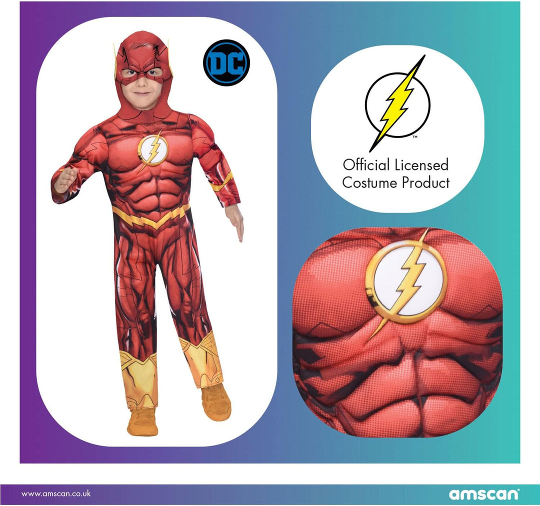 amscan - Kinderkostüm The Flash, Overall mit ausgepolsterter Brust, Maske, Serie, DC Super Heroes, M