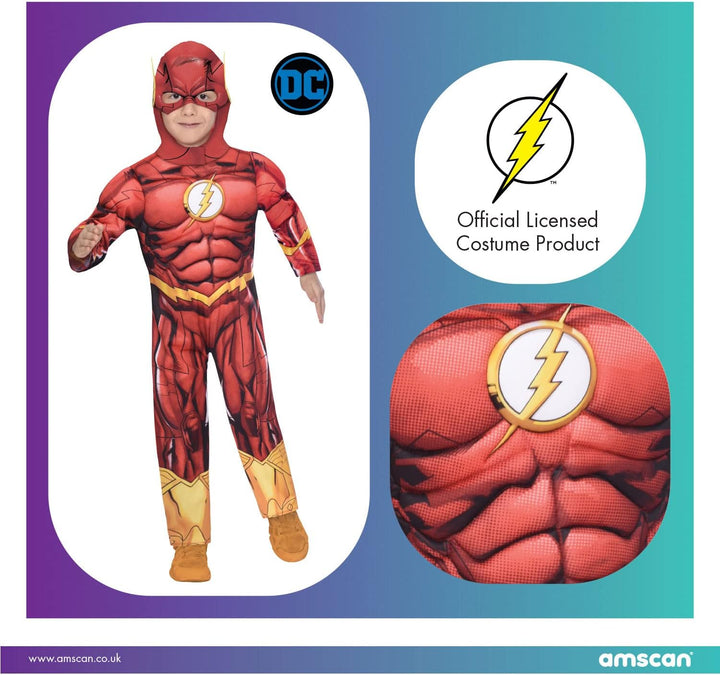 amscan - Kinderkostüm The Flash, Overall mit ausgepolsterter Brust, Maske, Serie, DC Super Heroes, M