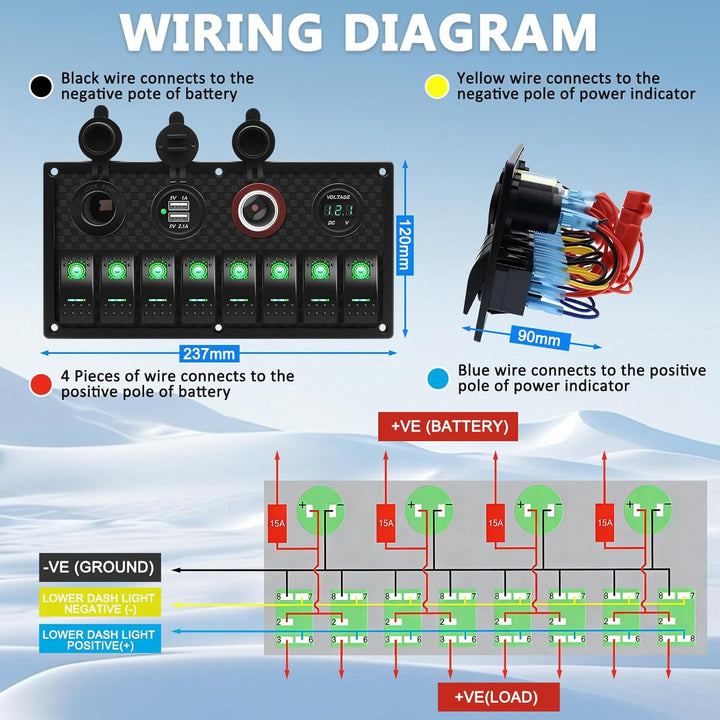 Geloo 8 Gang LED Toggle Rocker Switch Panel, 12V/24V Digital Voltage Display Dual USB Charger Port W