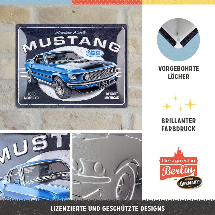 Nostalgic-Art Retro Blechschild, 30 x 40 cm, Ford Mustang – 1969 Mach 1 Blue – Geschenk-Idee für For