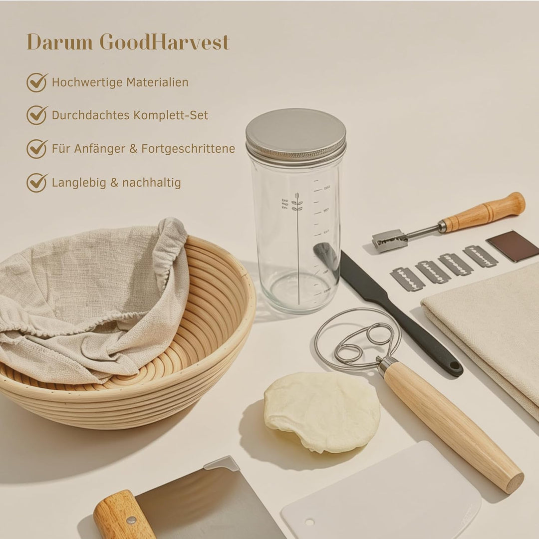 GoodHarvest Sauerteig Starter Set: Premium Komplettset mit Rattan-Gärkörbchen, 600ml Starterglas, Br