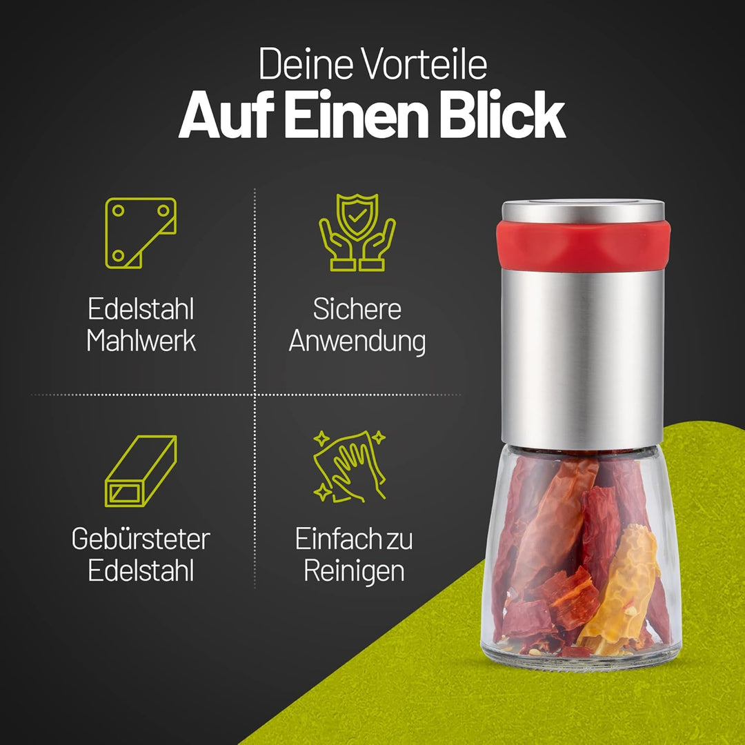 Chilimühle aus Edelstahl & Glas | Gewürzschneider Schneidwerk - Chilischneider für grobe Gewürze & C
