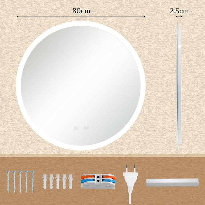 Clevich Badspiegel mit Beleuchtung rund 80 cm, LED Spiegel mit 3 Lichtfarben dimmbar, gehärtetes Gla