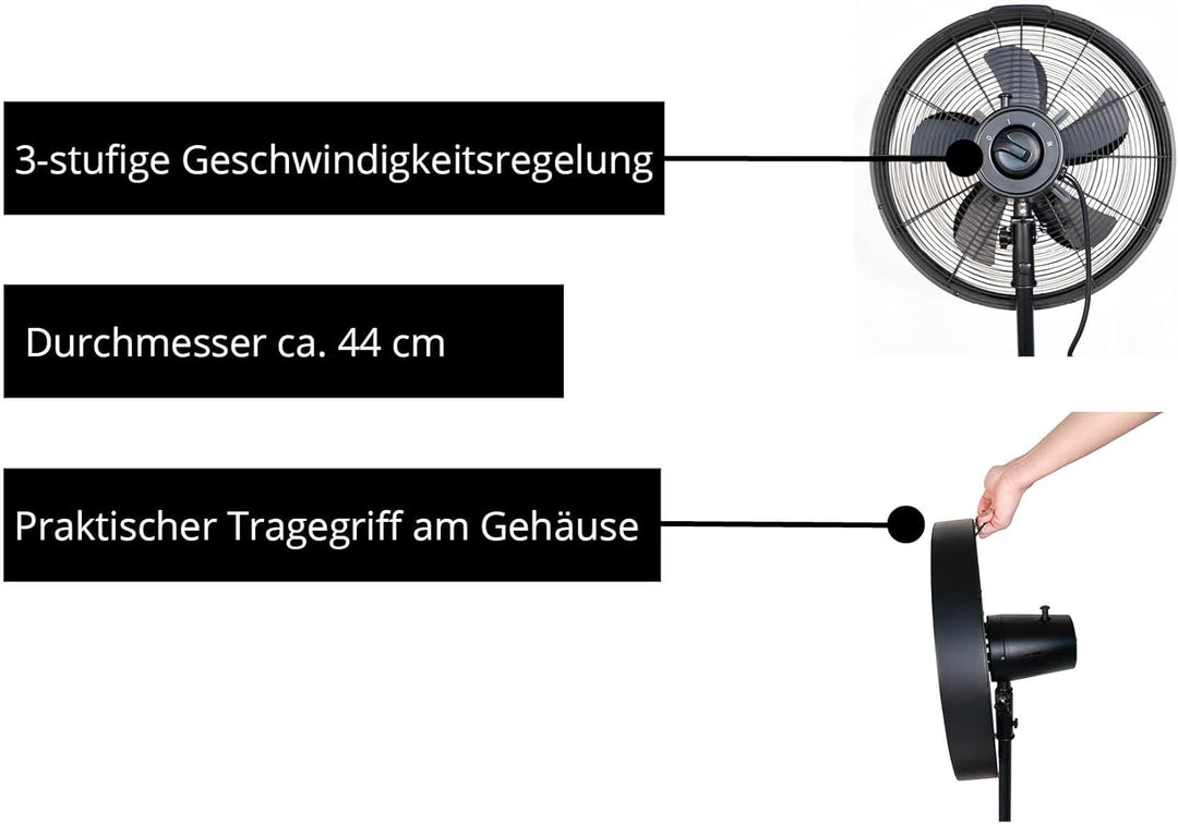 Unold 86725 Standventilator Black Steel Schwarz 50 W 3-stufige Geschwindigkeitsregelung verstellbare
