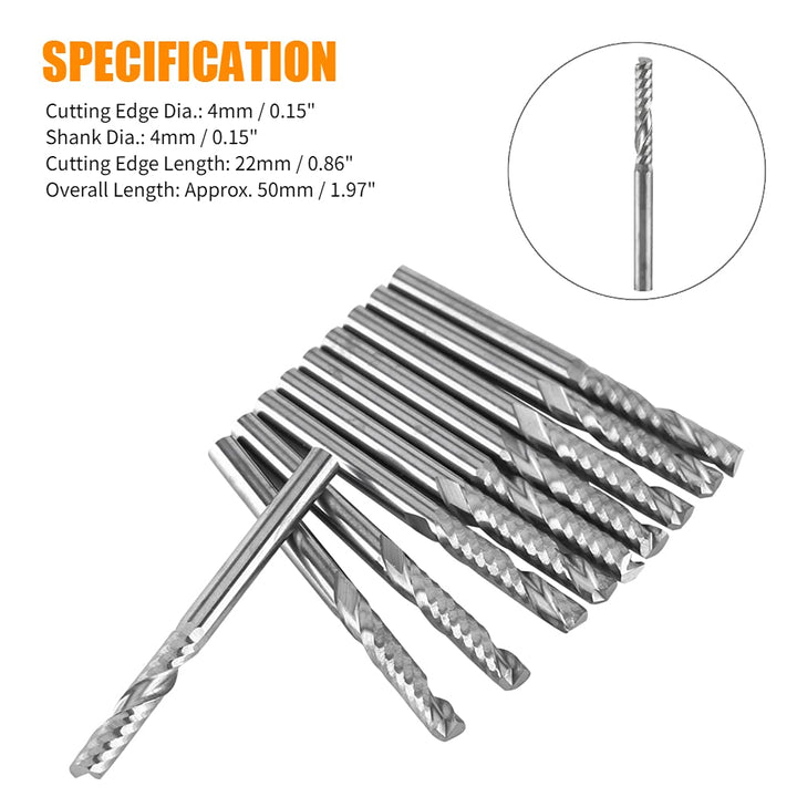 Schaftfräser, 10 Stück 4 mm Schaft Wolframcarbid-Spiral-Schaftfräser Einnuten-Fräser CNC-Fräser für