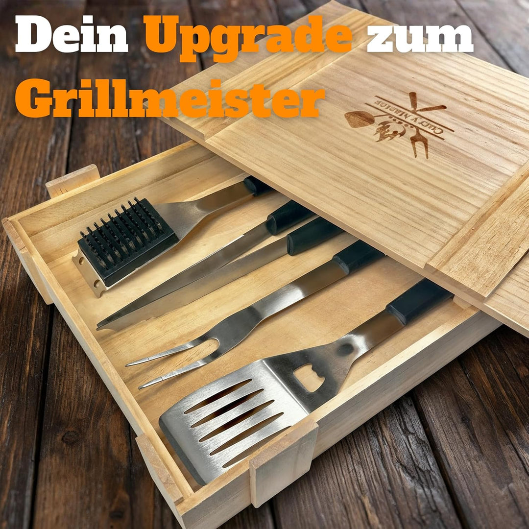 Grillset für Männer Geschenk in Holzkiste – Grillbesteck Set aus Edelstahl - 3-in-1 Spachtel & Reini
