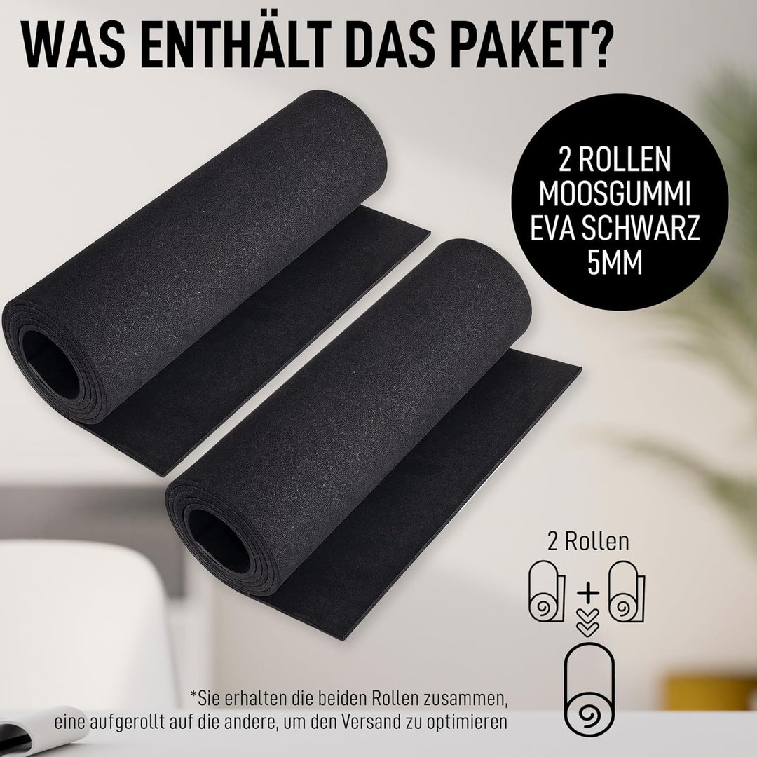 BIBODU Pack mit 2 Rollen Eva Foam 5mm Schwarz Farbe | Moosgummi 5mm Dicke | Grösse 150cm x 32cm, Dic