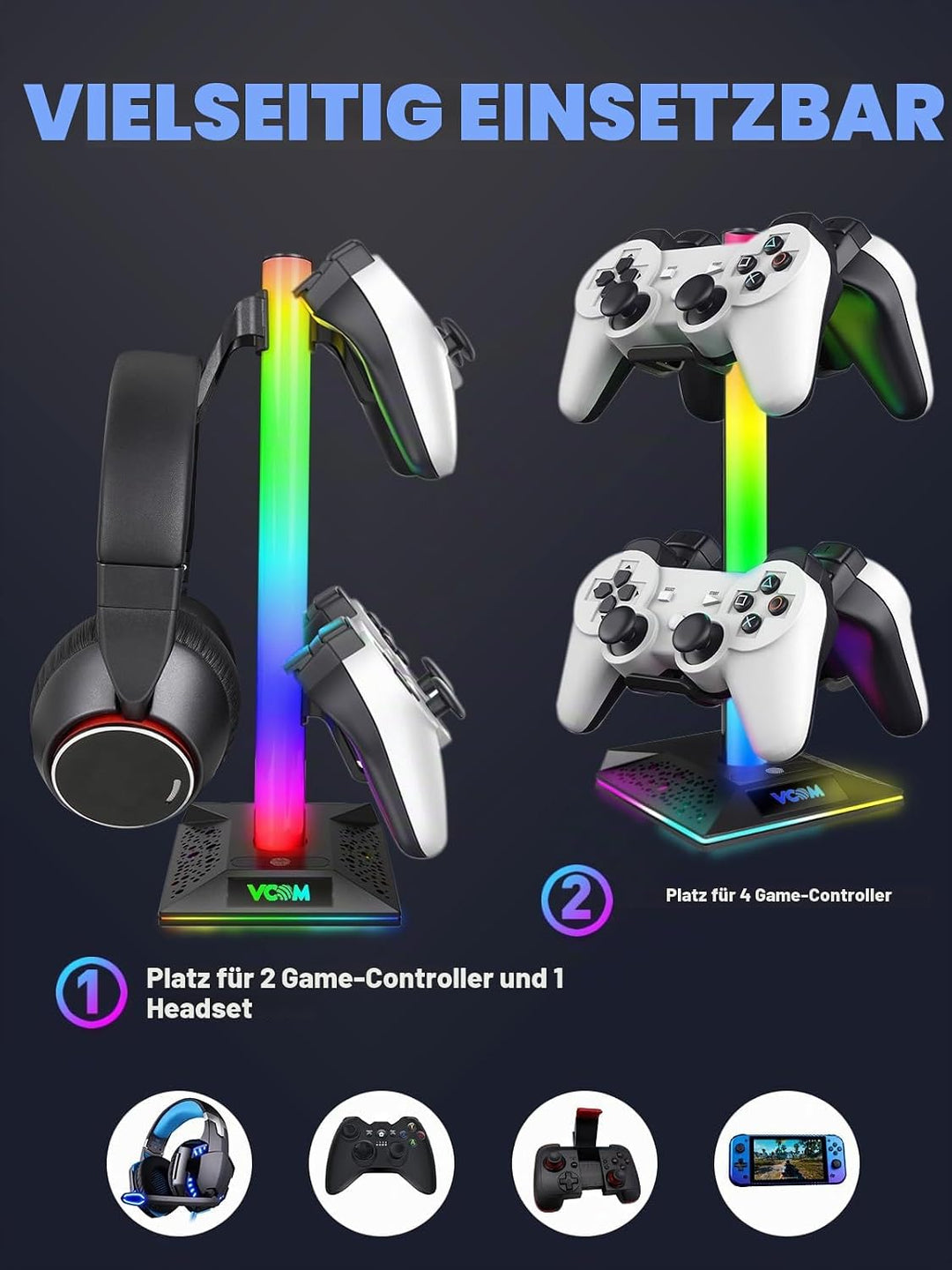 VCOM RGB Headset Halterung mit 2 USB- und 1 Typ-C-Anschluss, Gaming Zubehör Kopfhörer Ständer mit 10