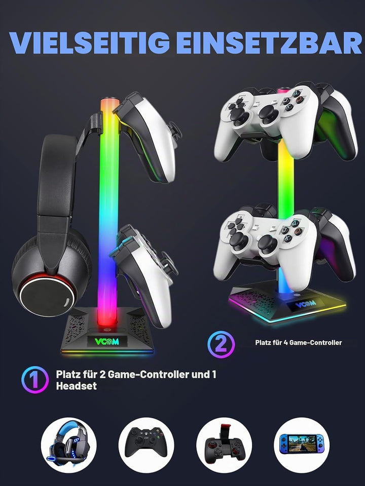 VCOM RGB Headset Halterung mit 2 USB- und 1 Typ-C-Anschluss, Gaming Zubehör Kopfhörer Ständer mit 10